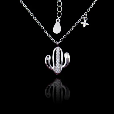 Personalize 925 Sterling Silver Cactus Shape Cubic Zirconia Necklace for Girls