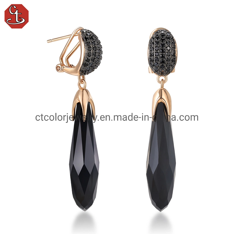 Hot Sale Fashion Jewelry 925 Silver Long Black Crystal Drop Earrings For Women Jewellry Gifts