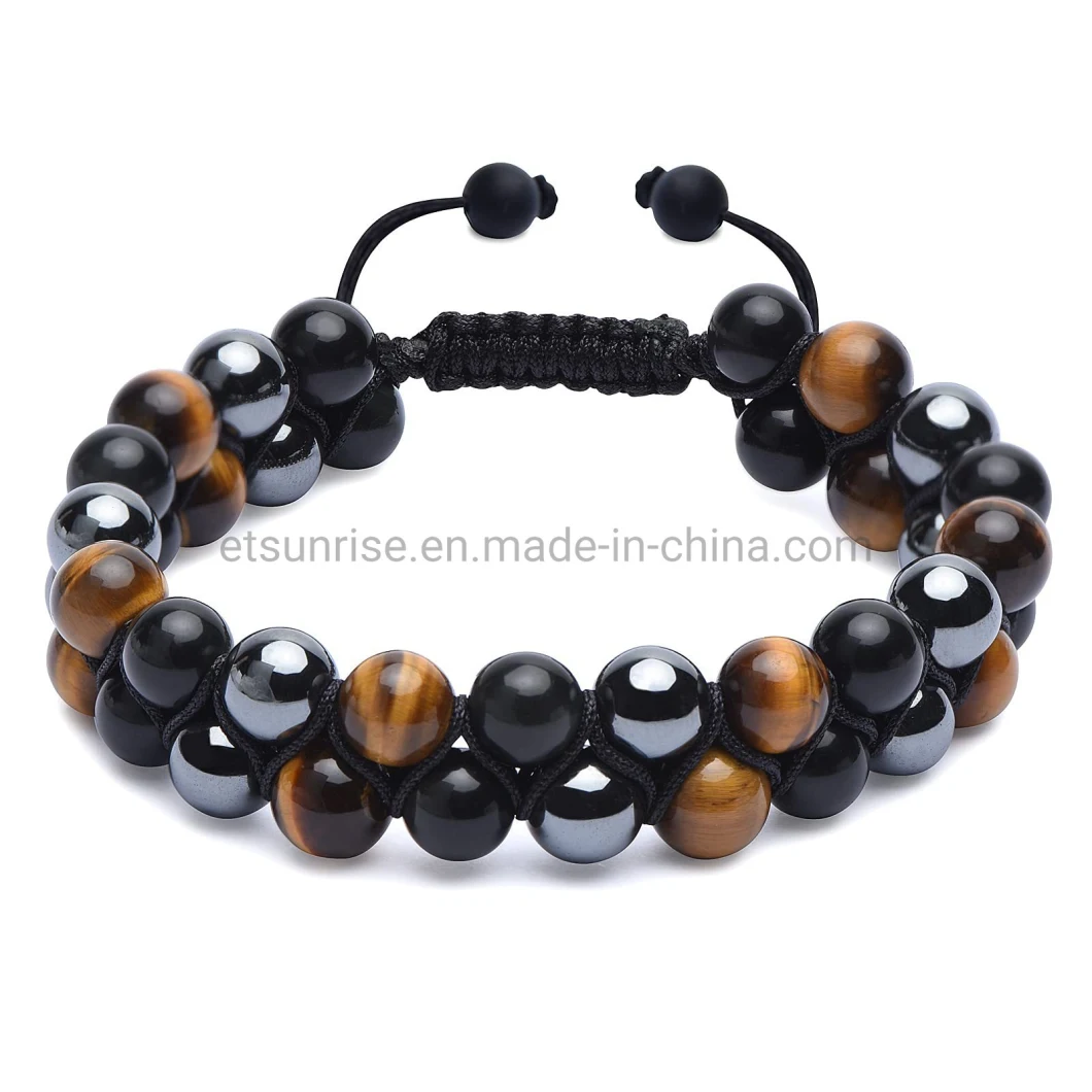 Customized Handcrafted Men Bracelet 6mm 8mm 10mm Stone Beads Hematite Blue Tiger Eye Black Agate Raw Stone Handcrafted Double Layer Bracelets