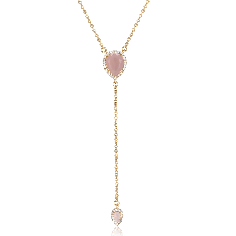 Beautiful Female Jewelry Rose Gold Pink Stone Drop Necklace with Pear Cut CZ for Gifts