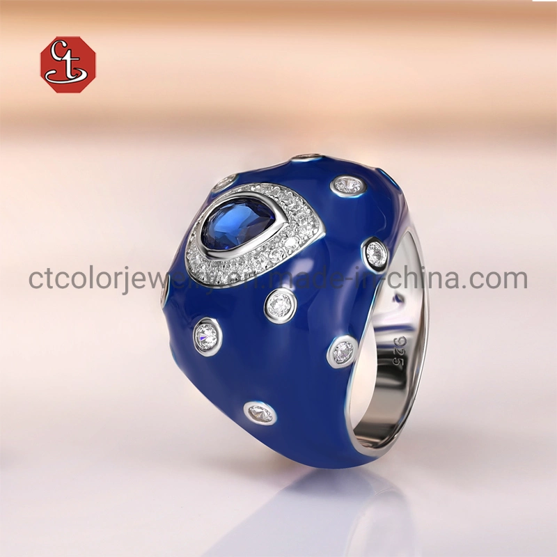 Fashion 925 Sterling Silver Jewelry White Zircon Blue Glass Enamel Ring For Women Jewelry Accessories