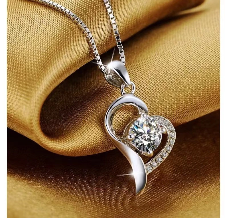 Fashionable 925 Sterling Silver Heart Shape Aquamarine Crystal Stone Pendant Women Necklace Jewelry