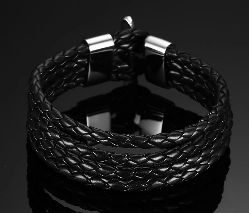 Titanium Steel Black Leather Rope Bracelet Men&prime; S and Women&prime; S Style Knitting Personality Leather Rope Bracelet