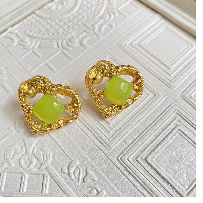 Custom Jewelry Iregular Heart Avocado Green Ear Stud